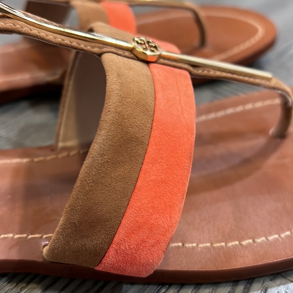 Tory Burch Bar logo suede flat Sandals Coral - Picture 3 of 6